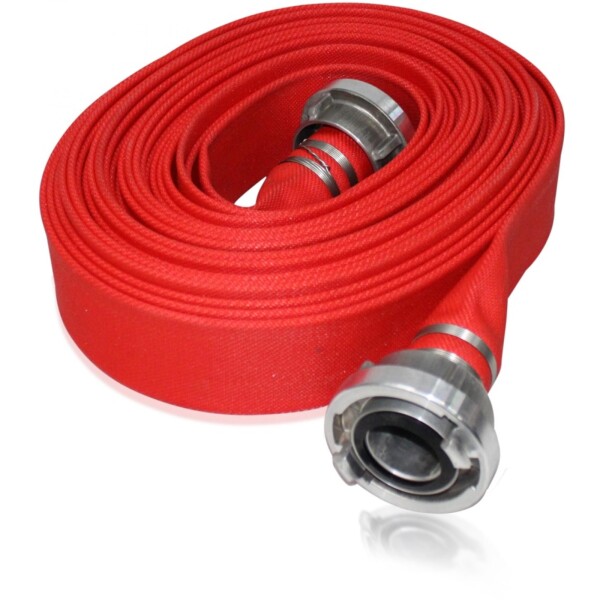 Red PU coated EPDM layflat hose including storz couplings