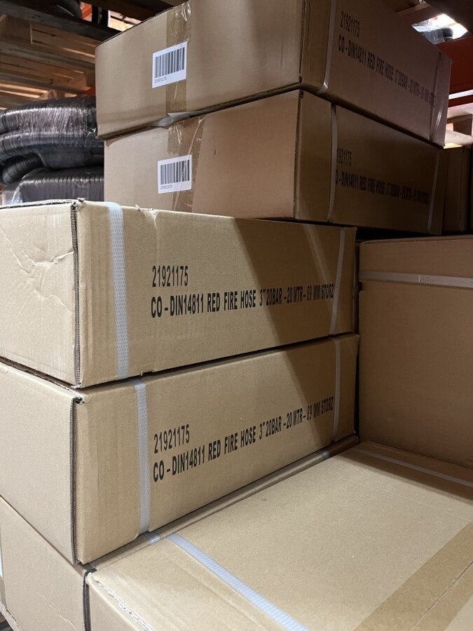 Red PU coated EPDM layflat hose including storz couplings